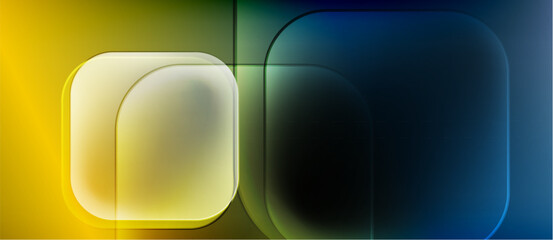 Abstract geometric shapes, rounded rectangles, yellow, blue, teal gradients. Minimalist design, modern aesthetic, dark background.