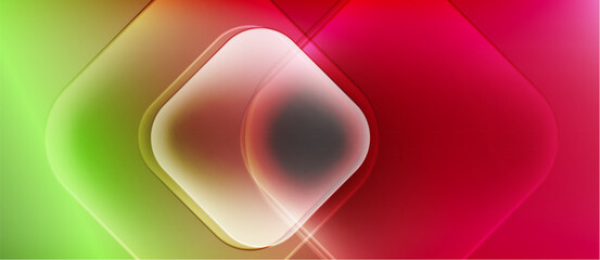 Abstract composition features layered squares, gradients shifting from green to red. Soft glow creates luminous effect. Smooth transitions dominate design.