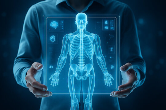 AI generated futuristic scene showing glowing 3D holographic human body scan held in hands with medical icons representing advanced health analysis and precise digital diagnostics
