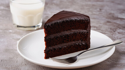 Decadent Chocolate Cake Slice with Milk - Dessert Indulgence, A close-up shot of a single, rich slice of three-layer chocolate cake, generously frosted with glossy chocolate icing.