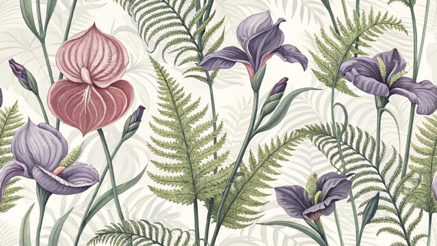 Seamless vector illustration of iris and anthurium flowers and fern leaves. For printing on fabric, wallpaper or curtains.