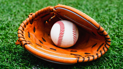 Baseball in Glove on Grassy Field, A classic baseball scene featuring a white baseball with red stitching nestled inside a brown baseball glove with black stitching.
