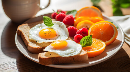 Fototapeta premium close-up photo of a colorful breakfast plate with fresh fruits, eggs, and toast under natural light.
