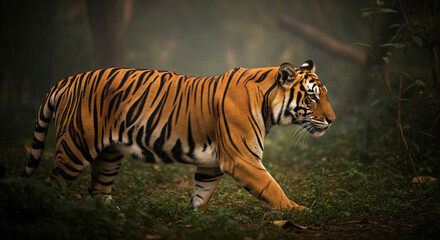 Fototapeta premium Bengal Tiger Walking Through Jungle – Symbol of Strength and Wilderness.Genareted AI.