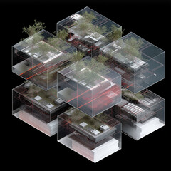 Plant simulation. 3D visualization of plant layout workflow in an industrial setting.