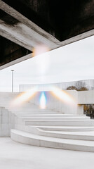 Modern architectural design with concrete structures and colorful lighting in urban setting