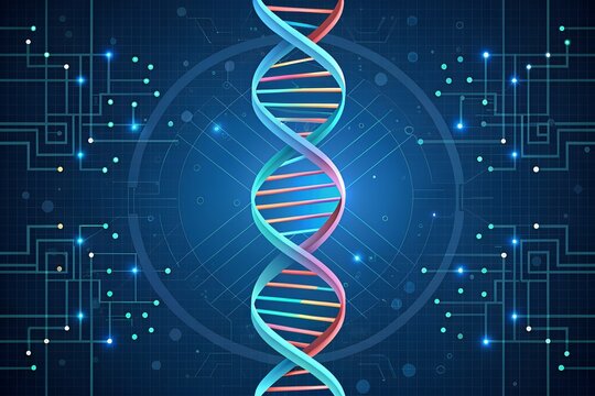 dna colorful abstract illustration double helix with digital network background, biotechnology, genetical engineering, biology gene