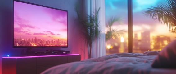 Cozy bedroom interior with tv and city view