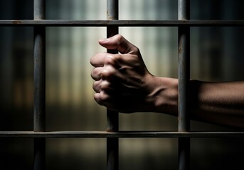 A gripping hand on cold prison bars, conveying a powerful sense of confinement and struggle for freedom. The low-key lighting creates a dramatic, emotional tone. Practical use for human rights content