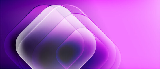 Abstract layers create luminous shapes. Gradient purple hues dominate composition, suggesting depth, modernity. Minimalist design evokes calm feeling.