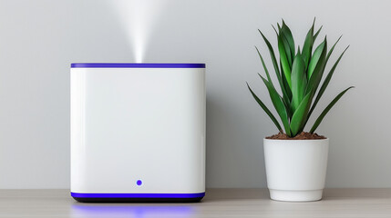 White humidifier with blue light and green potted plant on wooden surface