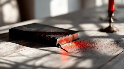 paperback horror novel on desk with glowing candle and mysterious shadows