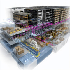 Plant simulation. 3D model illustrating warehouse simulation and design concepts.