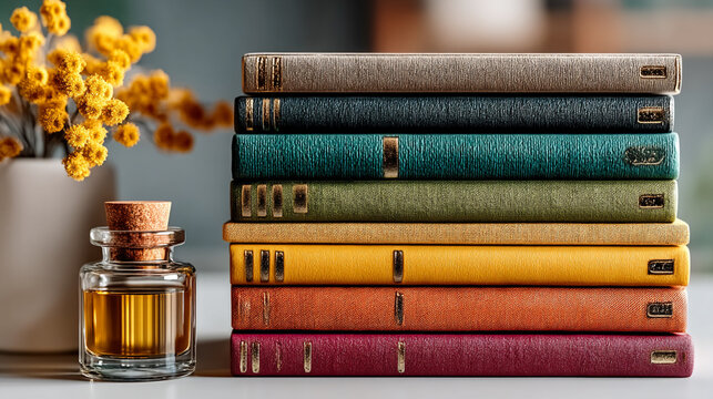 Colorful stack of journals with a fragrance bottle and flowers on a table