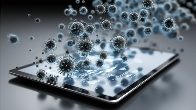 Malware prevention antivirus device. Digital antivirus icons defending against malware on a tablet device.