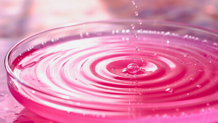Pink Liquid Splash - Dynamic Drop and Ripple Effect, A detailed close-up photograph showcasing a glass bowl filled with vibrant pink liquid. 