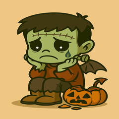 Melancholy cartoon Frankenstein kid with stitched face and teary eyes, sitting beside a smashed jack-o'-lantern, hands on cheeks, in a spooky-cute vibe.