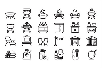 Black and White Set of Outdoor Grills, Cooking Tools, and Furniture Icons