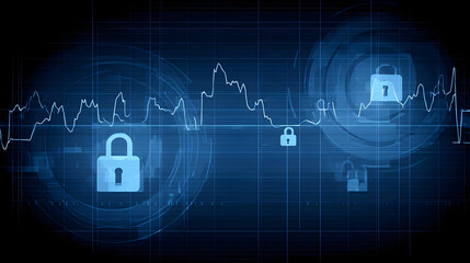 Fototapeta premium interface with padlocks, graphs, and secure login indicators on a dark blue background