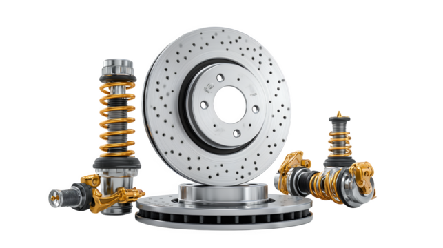 Car Suspension Parts And Brake Discs isolated on a transparent background