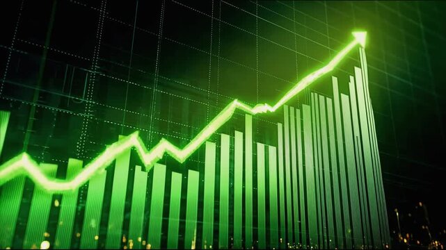 Green upward trending graph climbing against dark background, displaying financial growth and investment performance with blurred bokeh lighting - Powered by Adobe