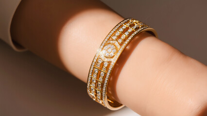 Diamond Accent Gold Bracelet on Wrist, Close-up shot of a woman's wrist showcasing a luxurious gold bracelet intricately set with numerous small diamonds.