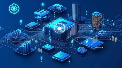 Futuristic digital landscape showcasing interconnected data systems and technology in a vibrant blue theme - Powered by Adobe