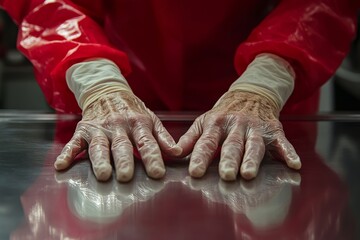 Close-up of senior patient's hands on an examination table in the hospital, symbolizing the emotional and physical challenges faced by elderly individuals in healthcare settings, Generative AI