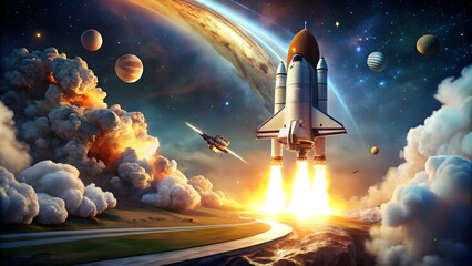 Obraz premium Space shuttle launch with planetary background and orbiting spacecraft