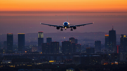 Sunset Flight Over Cityscape, A commercial airplane soars low over a vibrant city skyline at sunset. The warm hues of the setting sun illuminate the cityscape, creating a dynamic and peaceful scene.