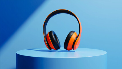 Modern Headphones on Blue Pedestal - Product Display, A pair of vibrant orange and black headphones are showcased on a sleek blue pedestal against a matching blue background.