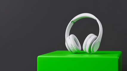 A pair of modern white headphones appear to float above a vibrant green square platform.