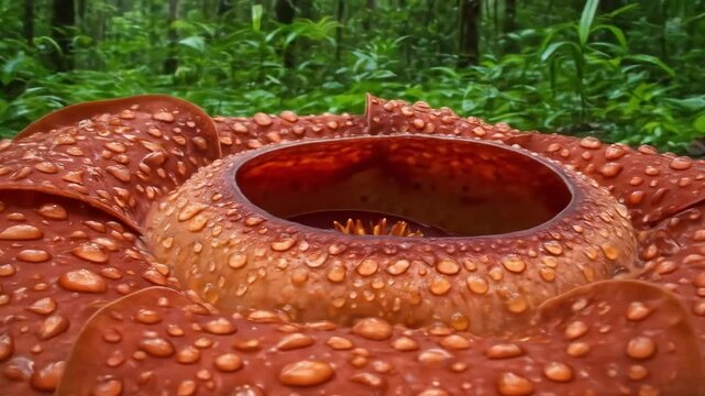 A closeup of a Rafflesia flower featuring red petals covered in water droplets against a blurred green forest background