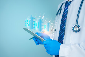 Close-up of a doctor in medical uniform using a digital tablet with AI interface overlay. The image represents artificial intelligence applications in healthcare diagnosis and medical 
