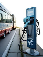 Electric bus charges at a modern public charging station along city street, sustainable transportation for urban environments.