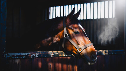 Relaxing Horse in Stable - Drying After Exercise, A calm brown horse rests in a stable, its head gently supported by a wooden beam. The horse is wearing a bridle.
