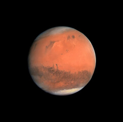 A detailed view of the red planet mars showing its diverse surface and polar ice cap in deep space.