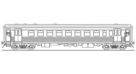 Side profile schematic of a passenger railway car. Black and white line art drawing for public transport and travel concepts.