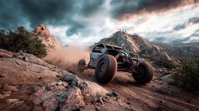 Twilight Terrain Charge: UTV Speeds Through Rugged Mountain Trail at Sunset