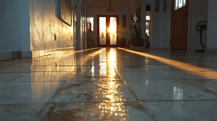 Sunlight streams through entryway illuminating a wet tiled floor in a serene interior space at twilight