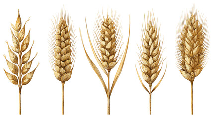 Detailed Wheat Stalks Illustrations on Transparent Background, PNG