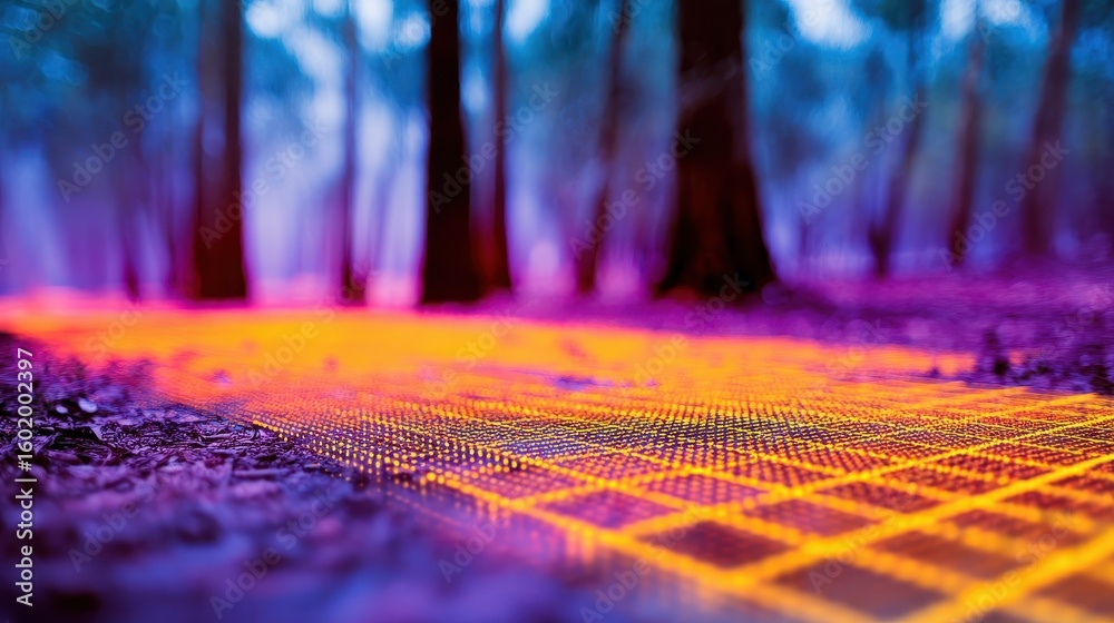 Poster illuminated forest path with grid pattern.