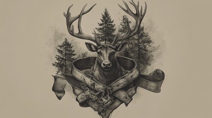 Stag with antlers surrounded by forest backdrop and decorative ribbon in a natural and artistic representation
