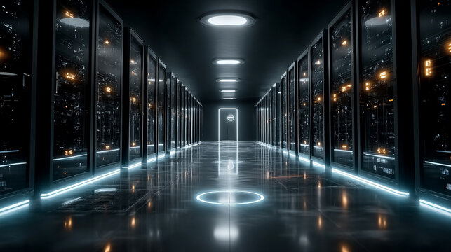 Modern server room highlights advanced technology in a well-lit, spacious corridor with sleek design elements and data servers