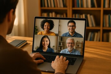 A person viewed from behind engages in a vibrant video conference call with diverse colleagues on a laptop, set in a modern home office. Ideal for remote work, communication, and technology themes