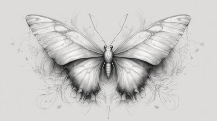 Detailed black and white drawing of a butterfly with intricate designs in the background