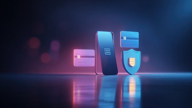 Digital Security Concept: The image features a graphic illustration of mobile phone, credit card and secure shield, showcasing a seamless fusion of technology and robust safety measures.