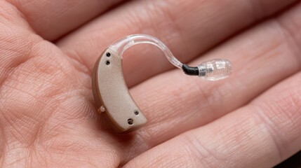 Close-up view of a hearing aid in a hand.