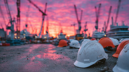 Labor Day morning tribute at a construction site with hard hats and flags under sunrise hues