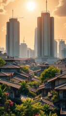 Naklejka premium Dramatic contrast between traditional housing rooftops nestled in greenery and towering modern skyscrapers in a hazy golden sunset, representing urban development, cultural juxtaposition